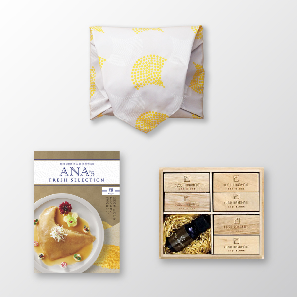 風呂敷で贈る｜カタログギフト ANA’s フレッシュセレクション 30,000円コース 輝 ＋ KUSU HANDMADE　エコブロック18個オイル付き 桐箱