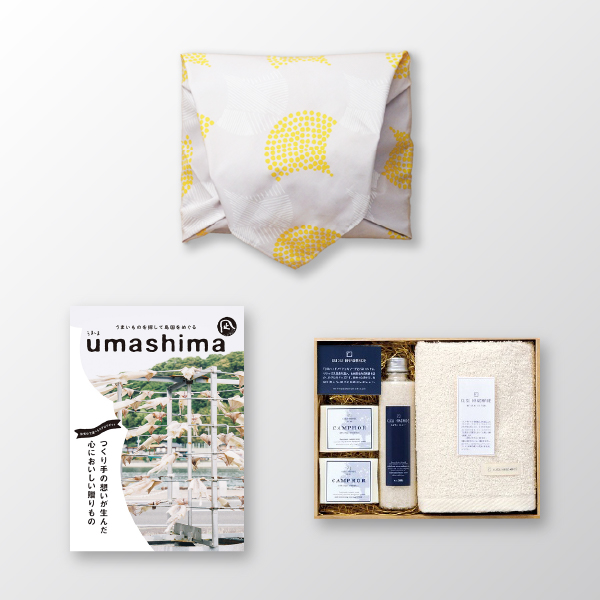 風呂敷で贈る｜カタログギフト うましま 5,900円コース 凪 ＋ KUSU HANDMADE くすのきアロマ バスギフトセット C