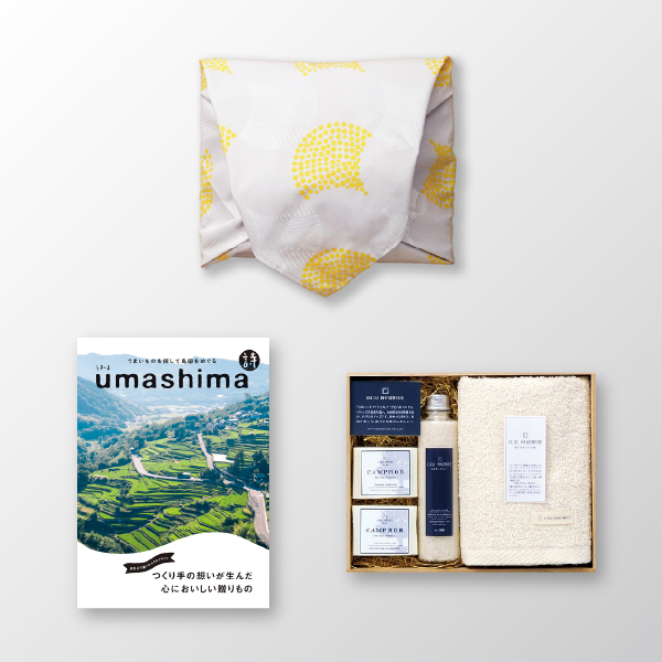 風呂敷で贈る｜カタログギフト うましま 10,900円コース 詩 ＋ KUSU HANDMADE くすのきアロマ バスギフトセット C