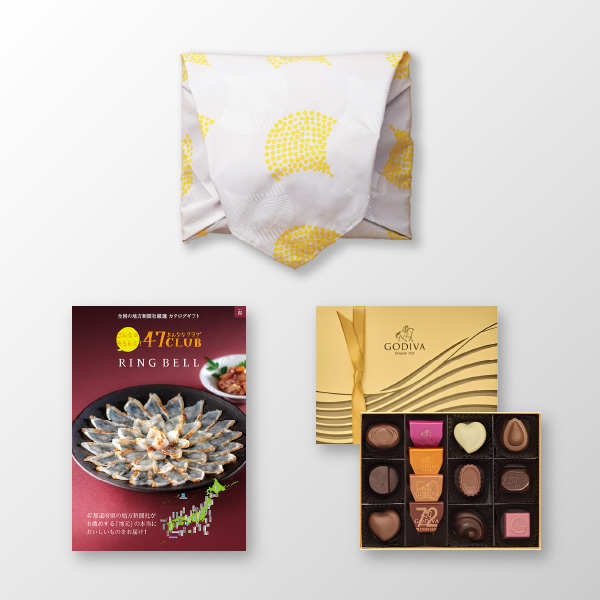 風呂敷で贈る｜カタログギフト 47CLUB 5,000円コース 路 ＋ GODIVA ハートオブ ゴールドコレクション（13粒入）
