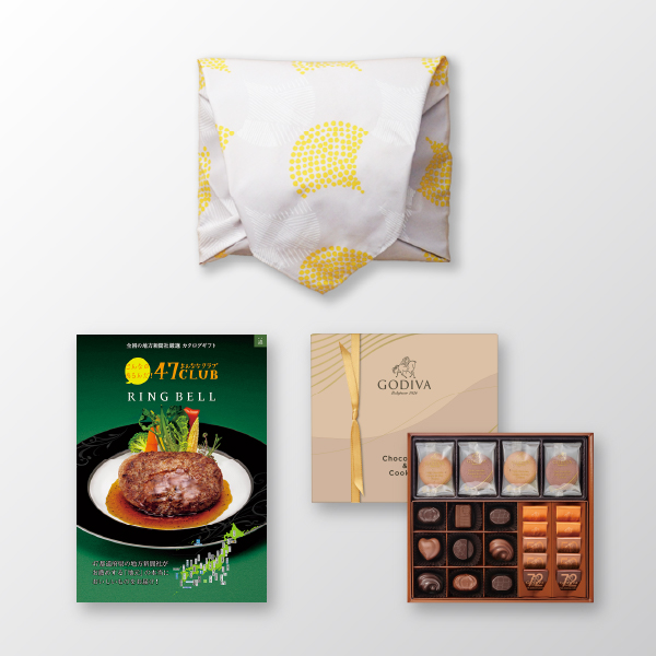風呂敷で贈る｜カタログギフト 47CLUB 3,500円コース 森 ＋ GODIVA チョコレート&クッキー アソートメント（チョコレート19粒入/クッキー8枚入）