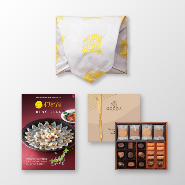 風呂敷で贈る｜カタログギフト 47CLUB 5,000円コース 路 ＋GODIVA チョコレート&クッキー アソートメント（チョコレート19粒入/クッキー8枚入）