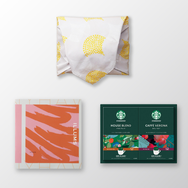 風呂敷で贈る｜カタログギフト ILLUMS 15,800円コース NYHAVN ＋ スターバックス オリガミ パーソナルドリップ コーヒーギフトB