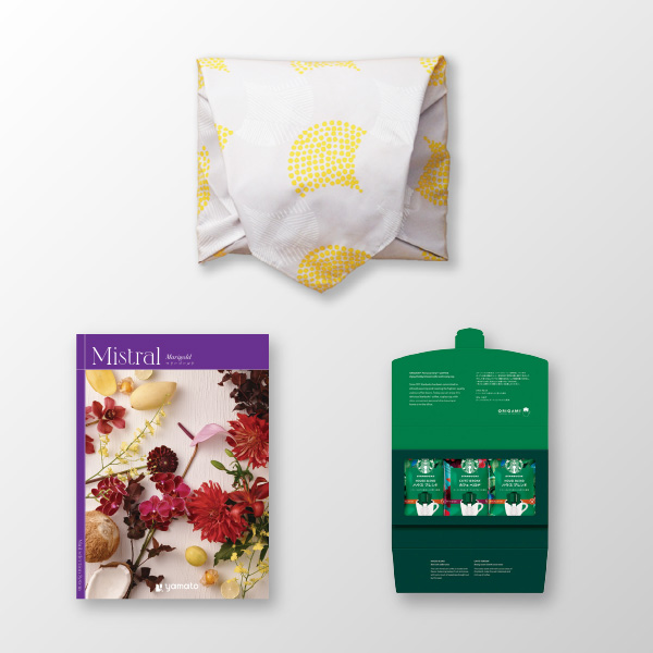 風呂敷で贈る｜カタログギフト ミストラル 8,800円コース Marigold ＋ スターバックス オリガミ パーソナルドリップ コーヒーギフトA