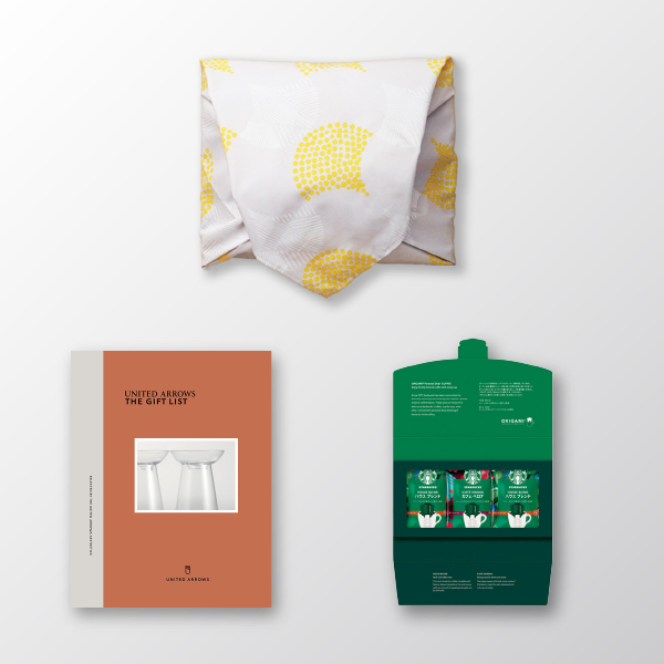 風呂敷で贈る｜カタログギフト UNITED ARROWS THE GIFT LIST 3,800円コース A ＋ スターバックス オリガミ パーソナルドリップ コーヒーギフトA