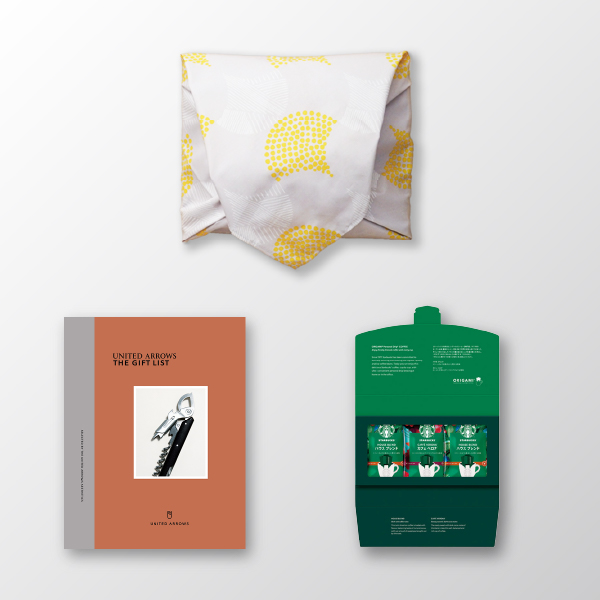 風呂敷で贈る｜カタログギフト UNITED ARROWS THE GIFT LIST 5,800円コース B ＋ スターバックス オリガミ パーソナルドリップ コーヒーギフトA