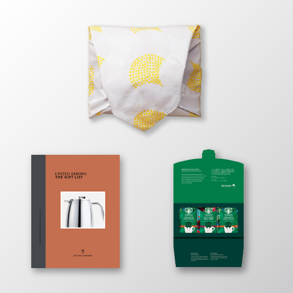 風呂敷で贈る｜カタログギフト UNITED ARROWS THE GIFT LIST 10,800円コース C ＋ スターバックス オリガミ パーソナルドリップ コーヒーギフトA