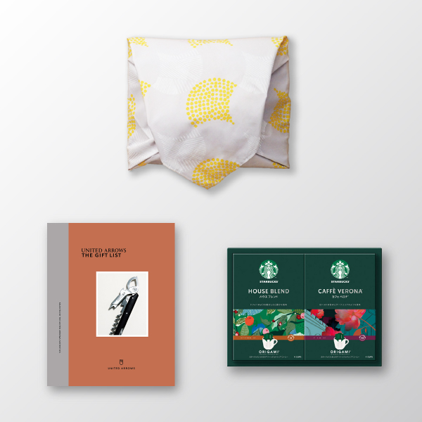 風呂敷で贈る｜カタログギフト UNITED ARROWS THE GIFT LIST 5,800円コース B ＋ スターバックス オリガミ パーソナルドリップ コーヒーギフトB