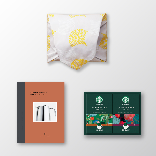 風呂敷で贈る｜カタログギフト UNITED ARROWS THE GIFT LIST 10,800円コース C ＋ スターバックス オリガミ パーソナルドリップ コーヒーギフトB