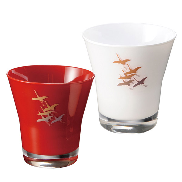 ぬりもんde Verre フリーグラス紅白ペア 蒔絵 千羽鶴