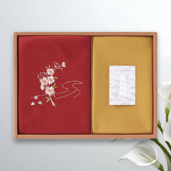 草花の遊び 刺繍入り二巾風呂敷＆金封包み 赤