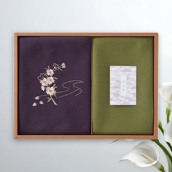 草花の遊び 刺繍入り二巾風呂敷＆金封包み 紫