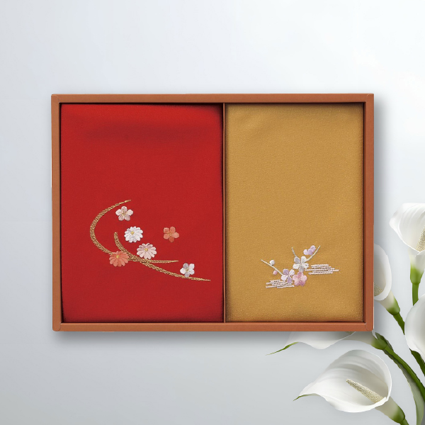 洛北 刺繍入り二巾風呂敷＆金封包み 赤/金茶